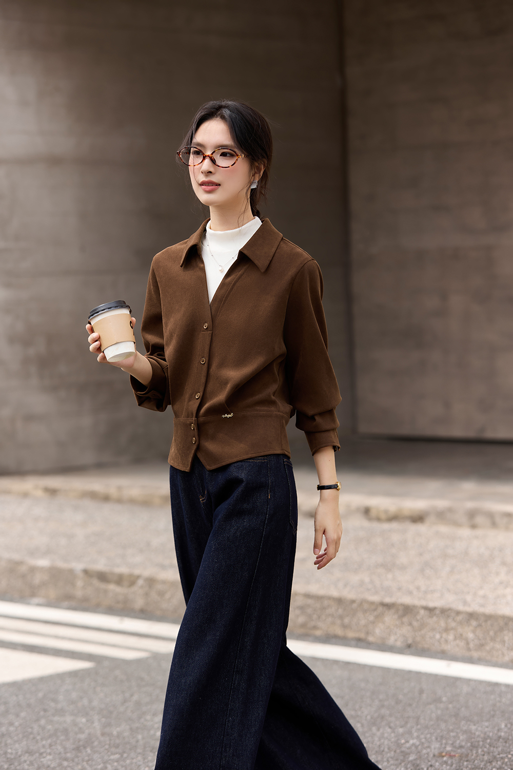 Apricot-Coffee Layered-Look Stand-Collar Shirt