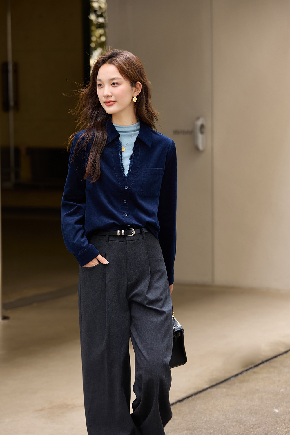 Red-Black French-Style Layered-Look Long-Sleeve Shirt