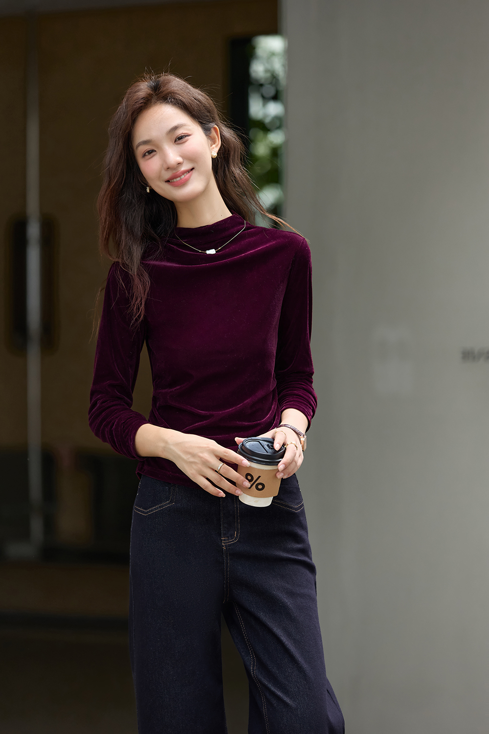 Red Mock Neck Velvet Long-Sleeve Top