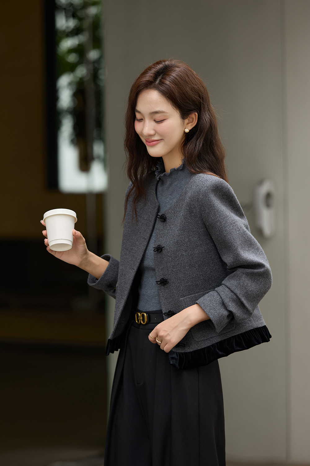 Grey Ruffled Paneled Short Jacket