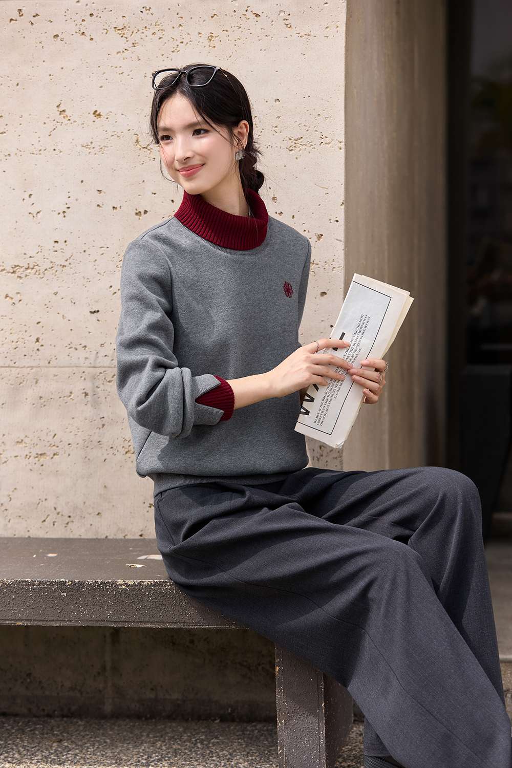 Color-Blocked Layered-Look Turtleneck Hoodie