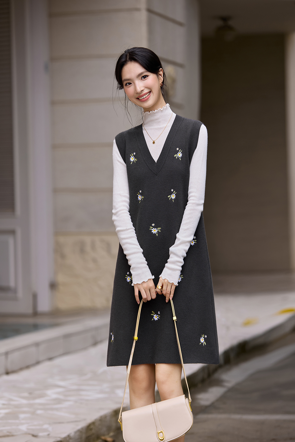 V-Neck Embroidered Vest Dress