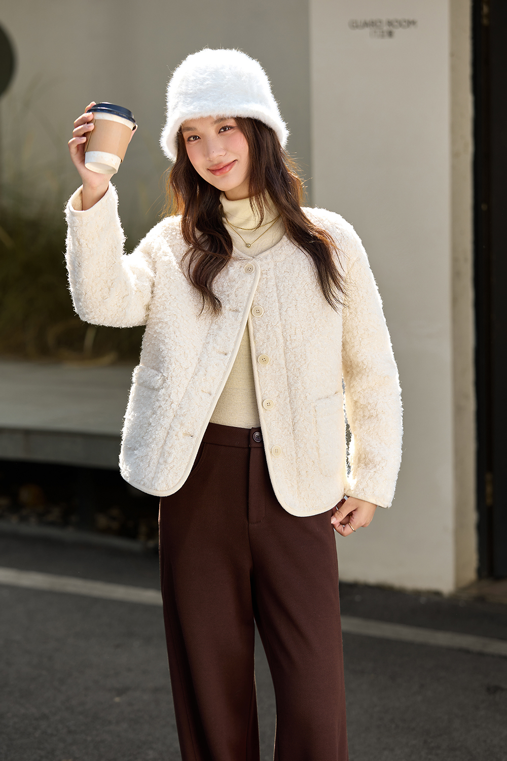 Apricot Shearling Crewneck Coat