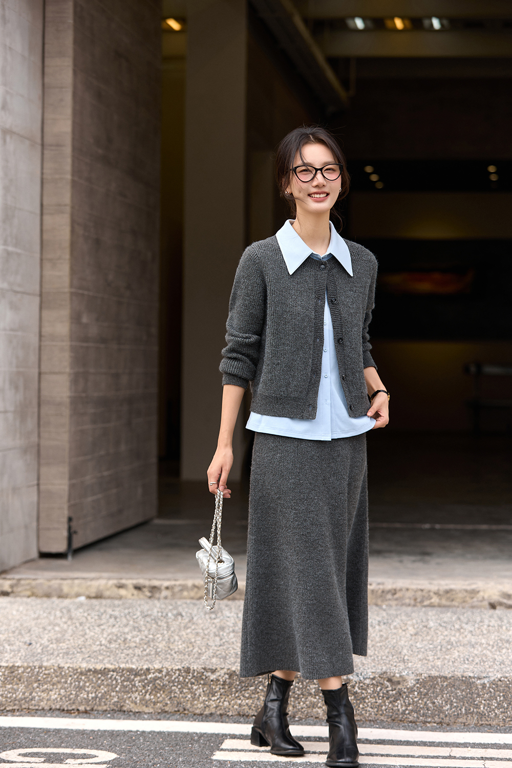 Flecked Gray Knit Cardigan Set