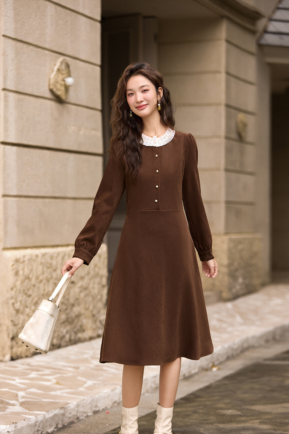 Brown French lace - trimmed crew - neck dress