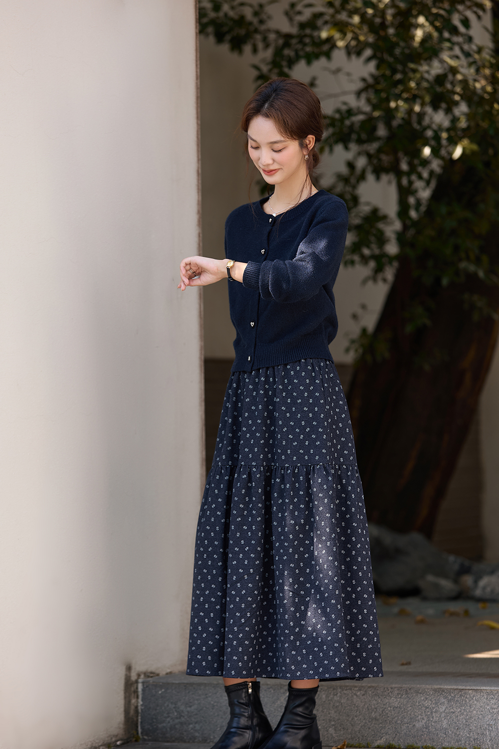 Navy blue cardigan floral dress set