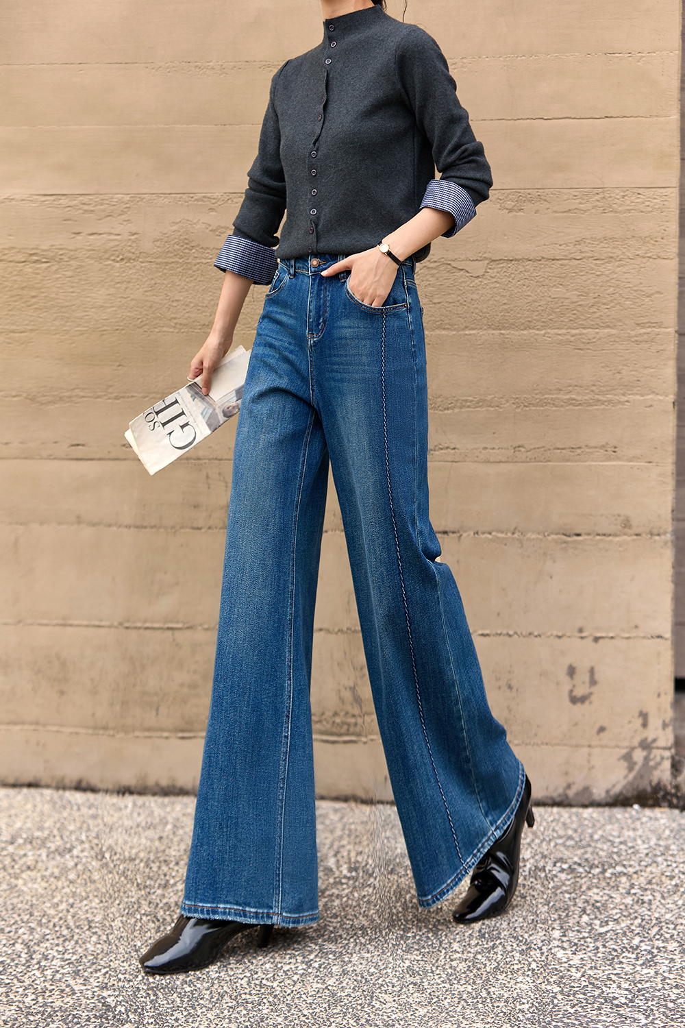Blue retro washed micro - flared pants