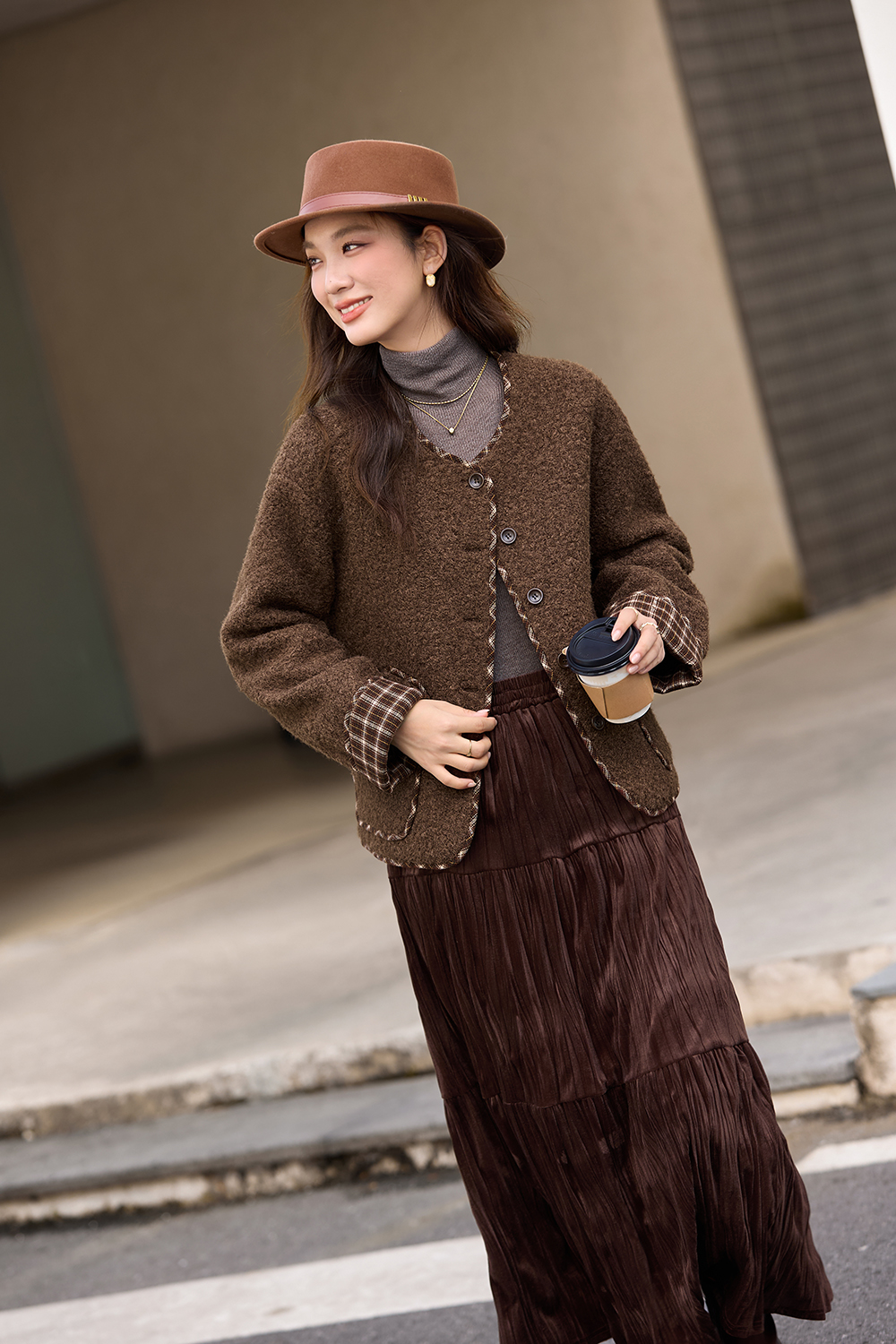 Color - block checkered woolen coat