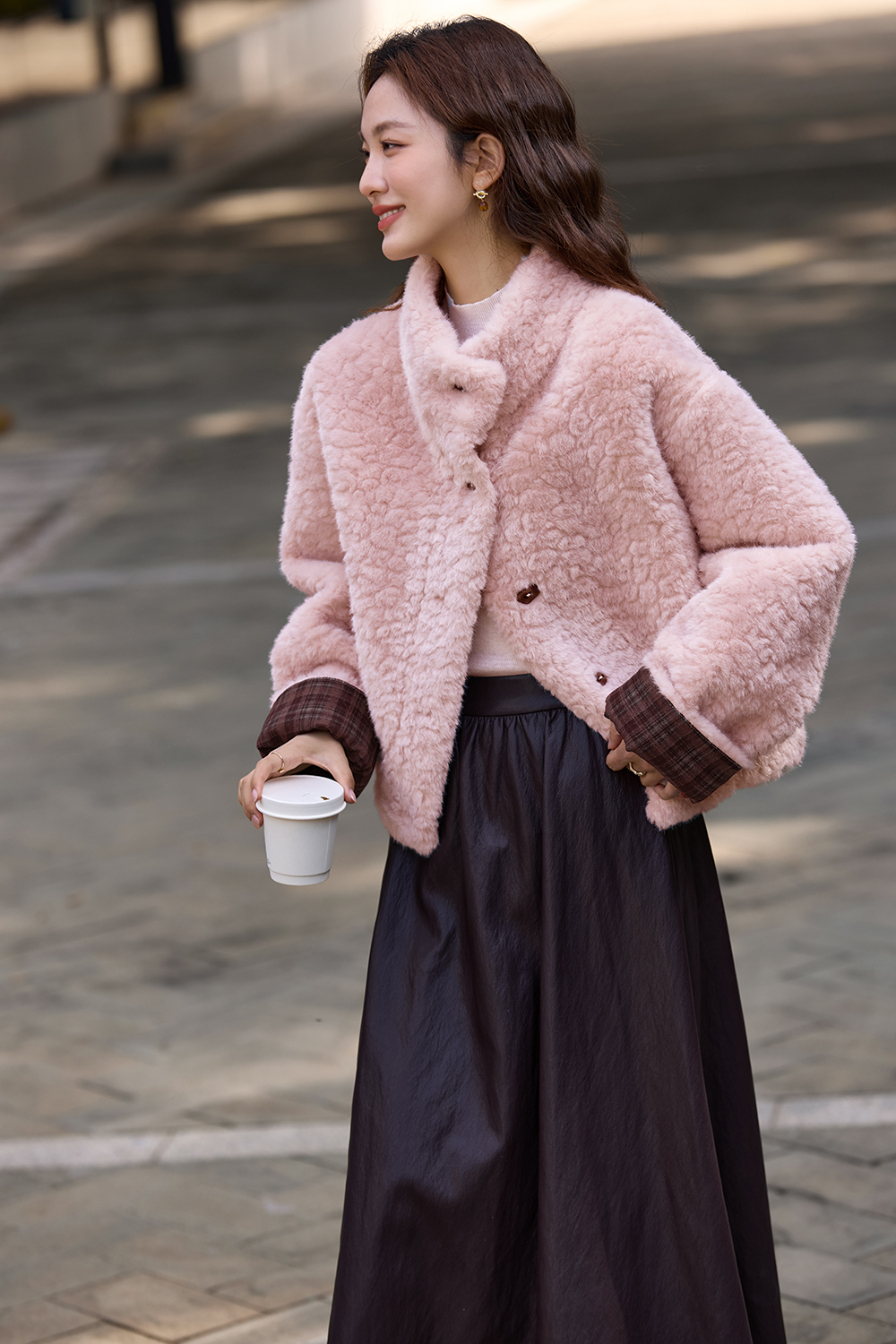 Pink fur - lined stand - collar plush coat