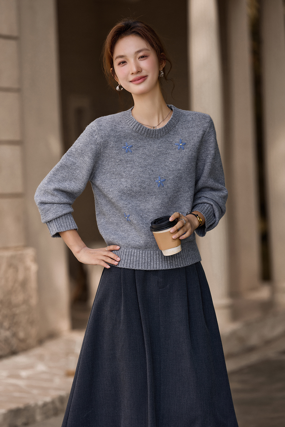 Marled grey 3D flower sweater