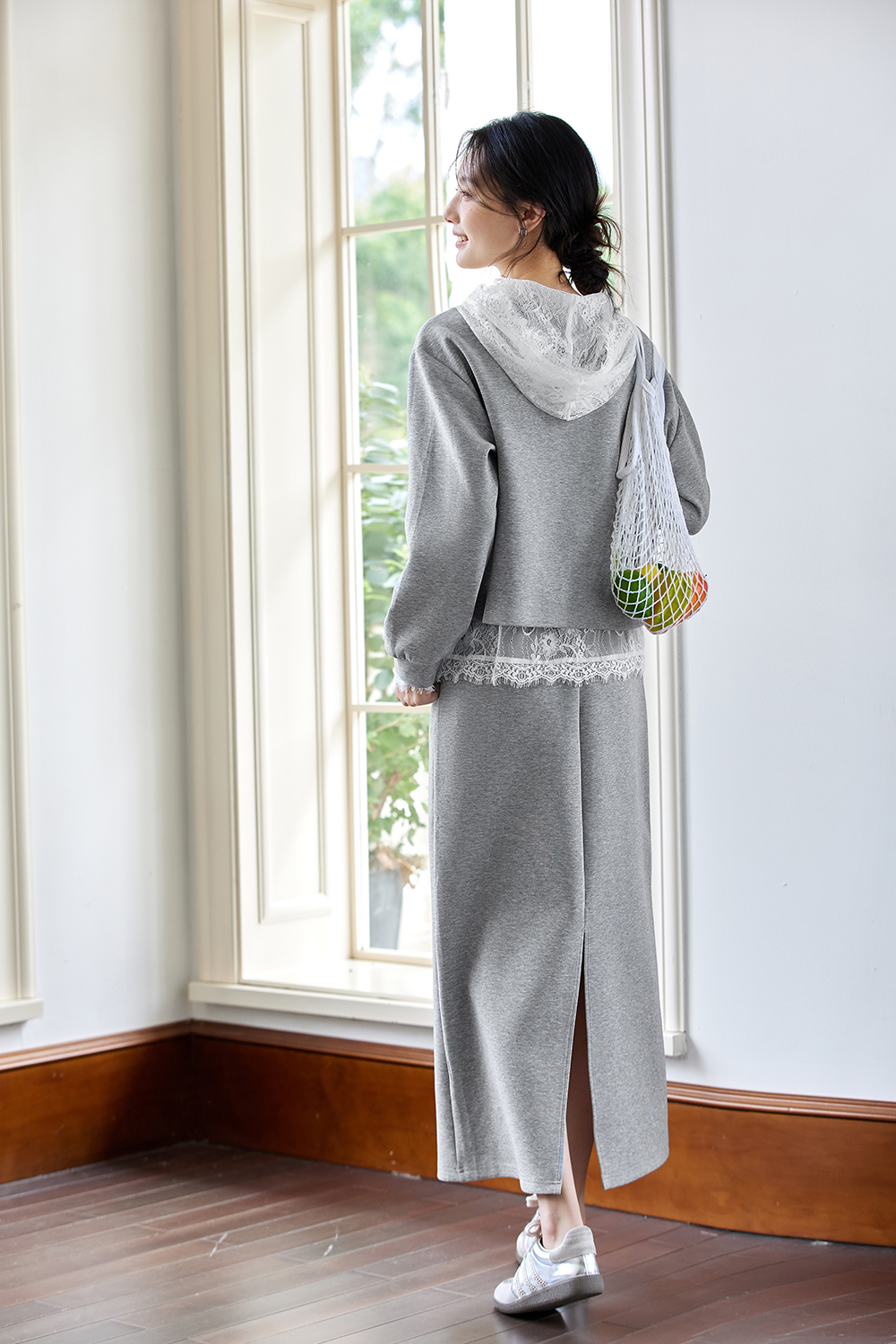 Grey casual lace hooded tops and skirts-VIMLYSTORE