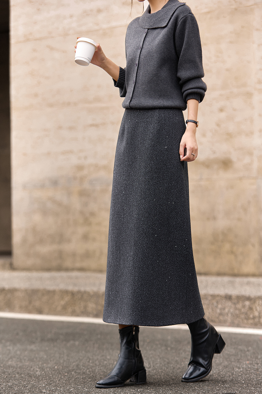 Gray Shimmer Midi Skirt