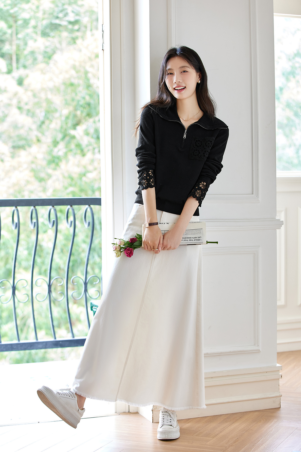 French openwork lace knit top-VIMLYSTORE