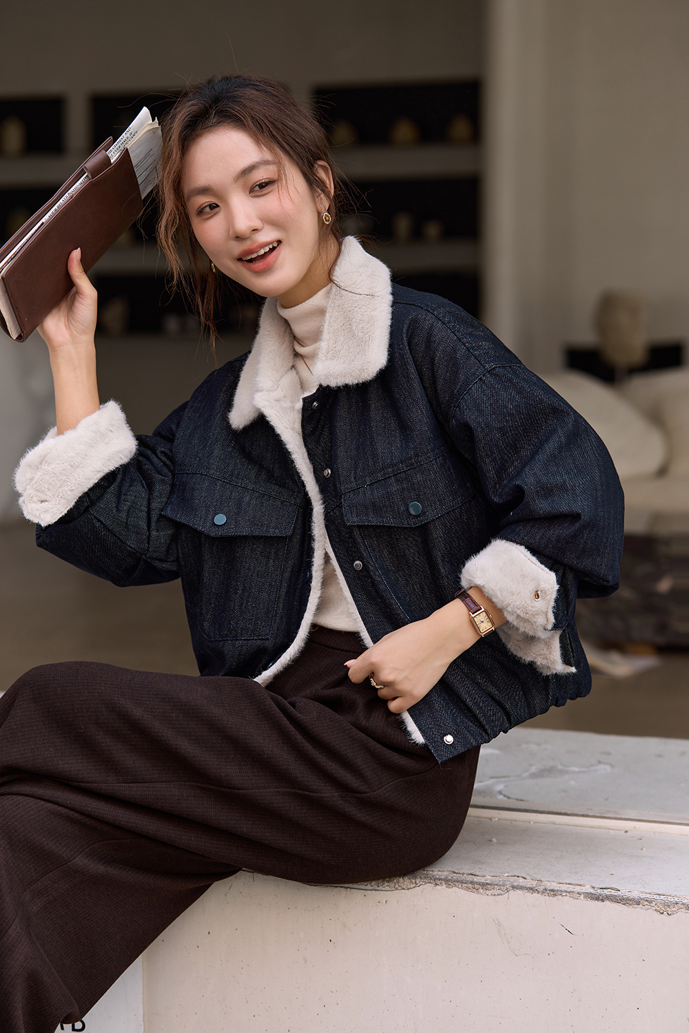 Lapel Brown Fleece-lined Denim Jacket