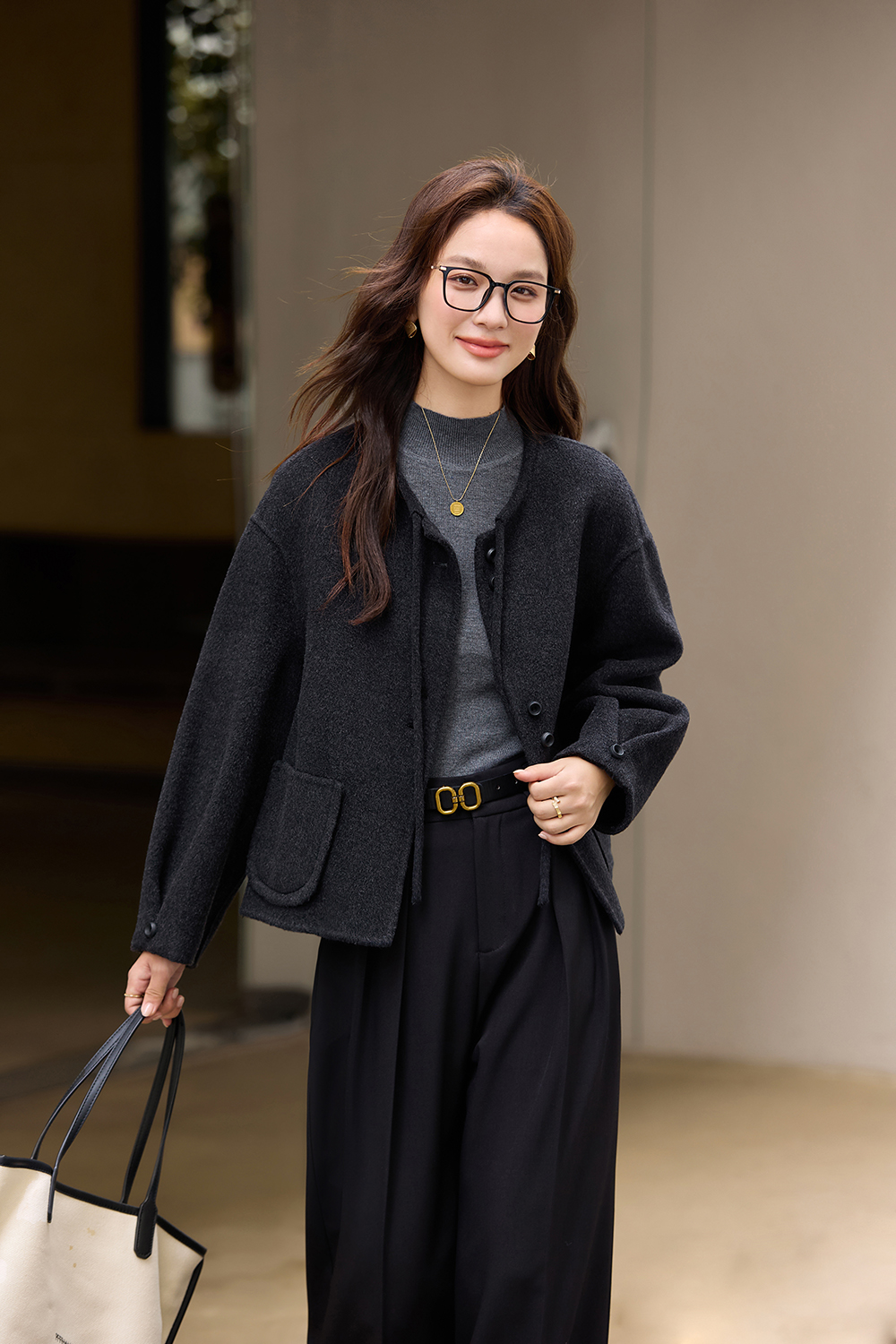 Crew neck double-sided wool coat