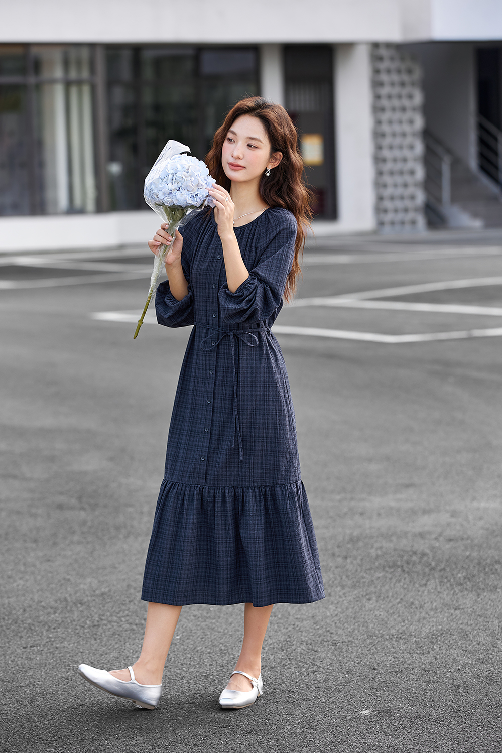 Blue Mori Check Slim Dress-VIMLYSTORE