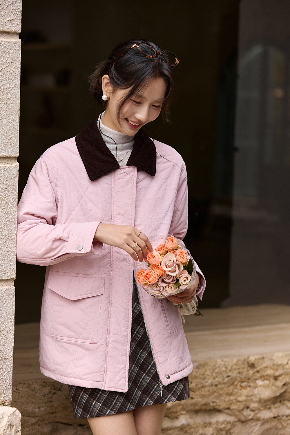 Pink lapel zipper cotton-padded jacket