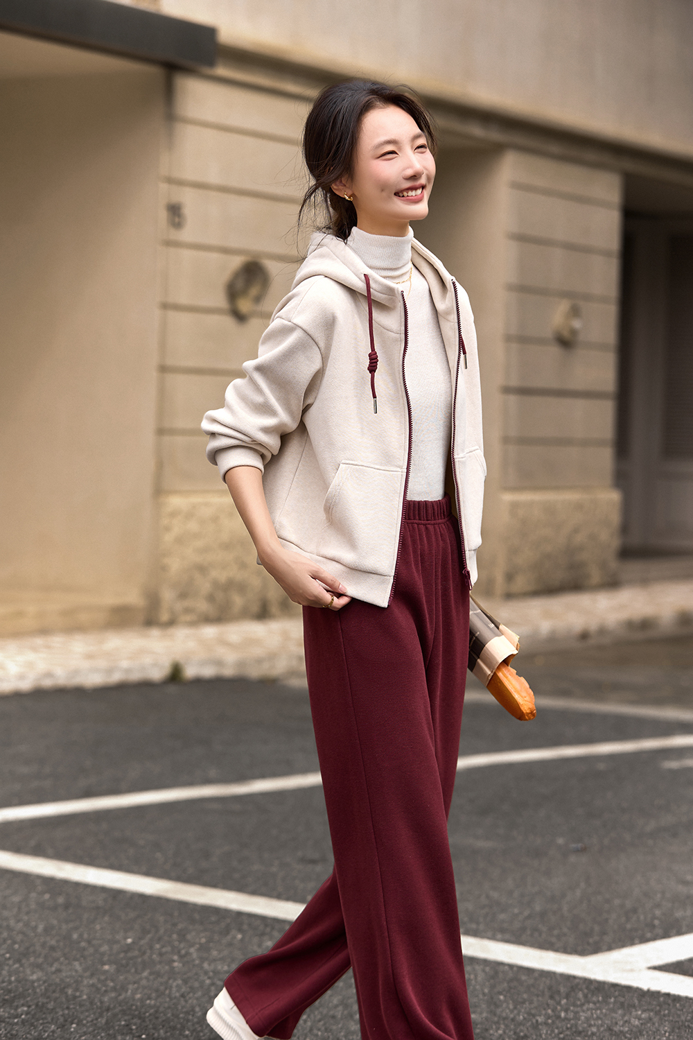 Apricot-red casual sports hoodie set