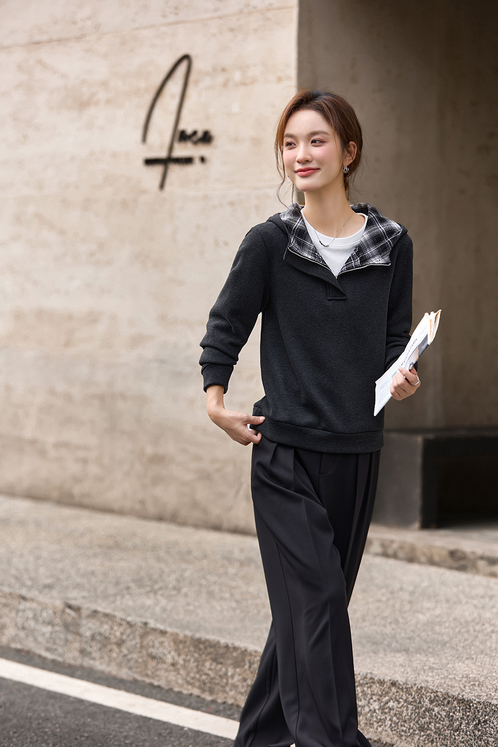 Patchwork plaid fleece-lined hoodie