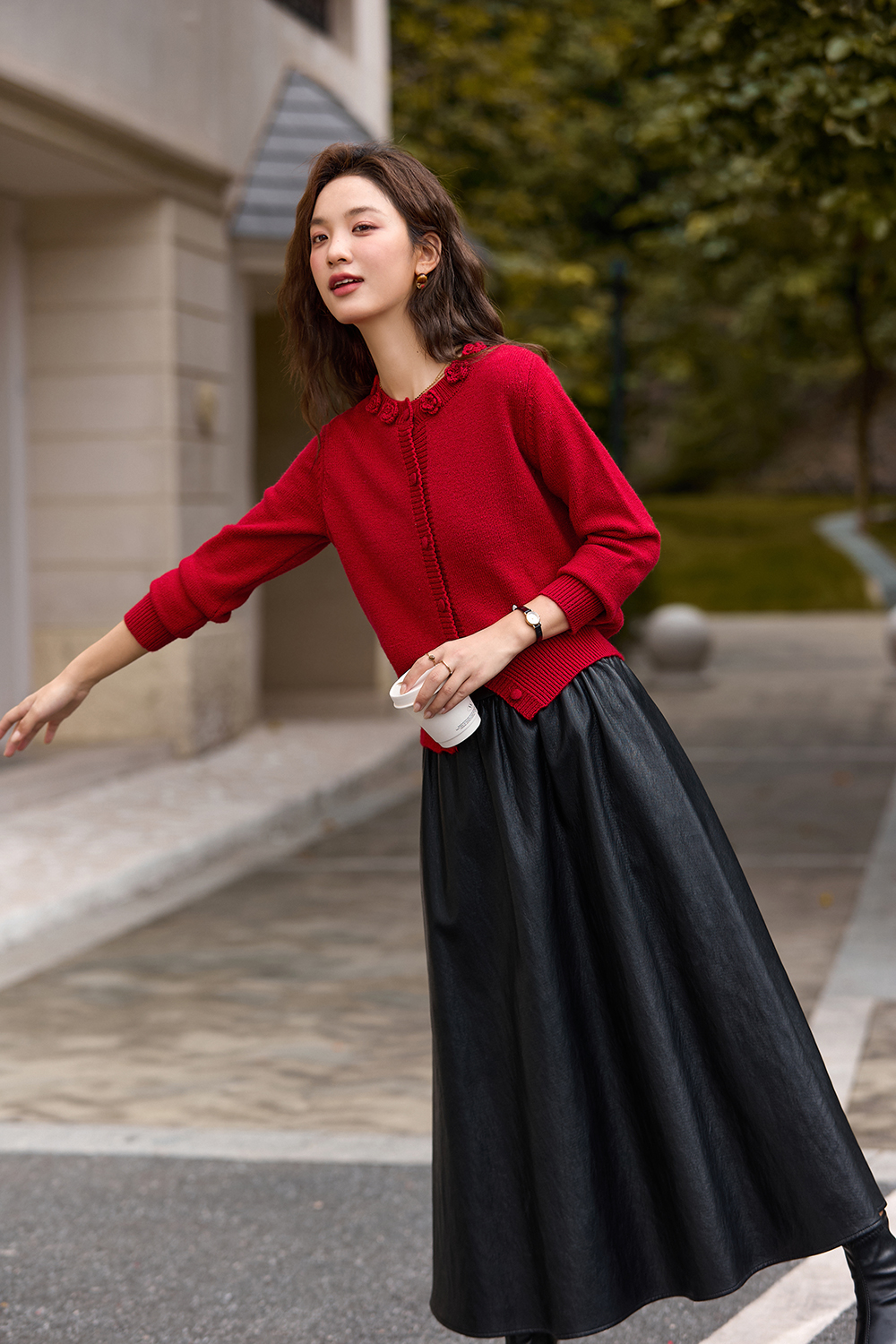 Y2K red three-dimensional crochet cardigan