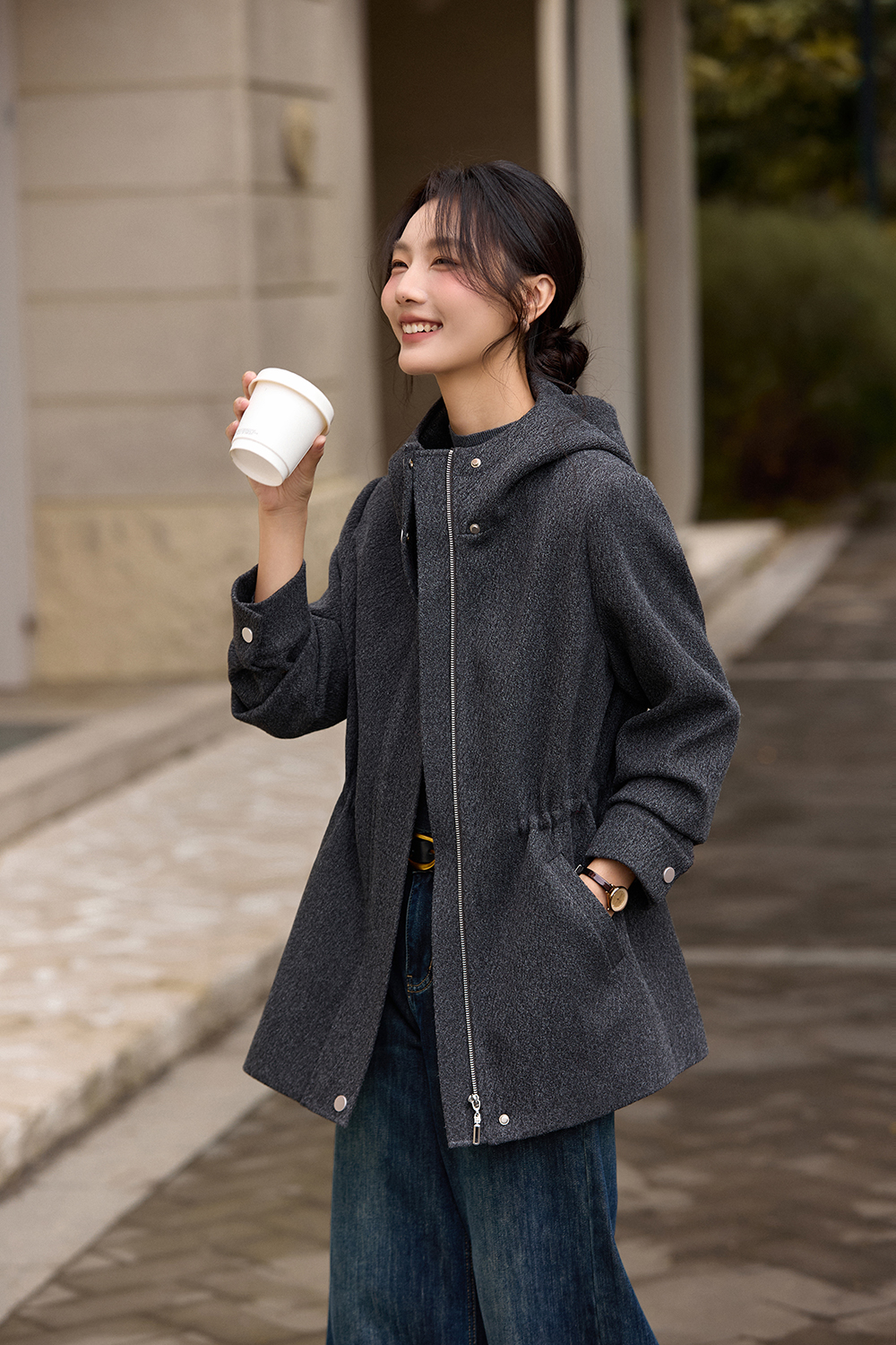 Hooded zipper wool coat