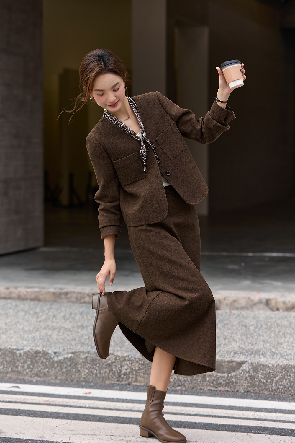 Coffee-colored wool blazer set