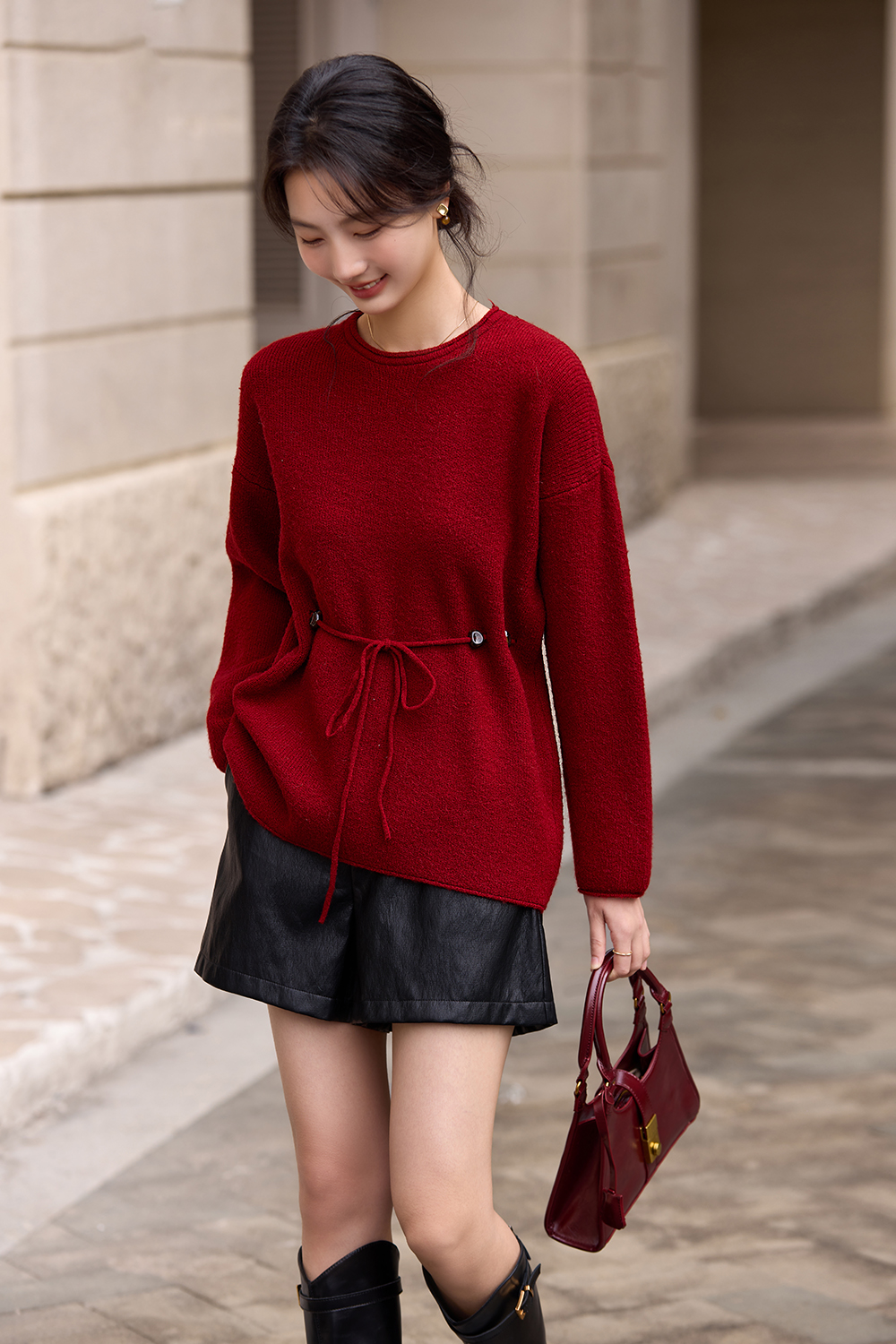 Red Slouchy Crew Neck Sweater