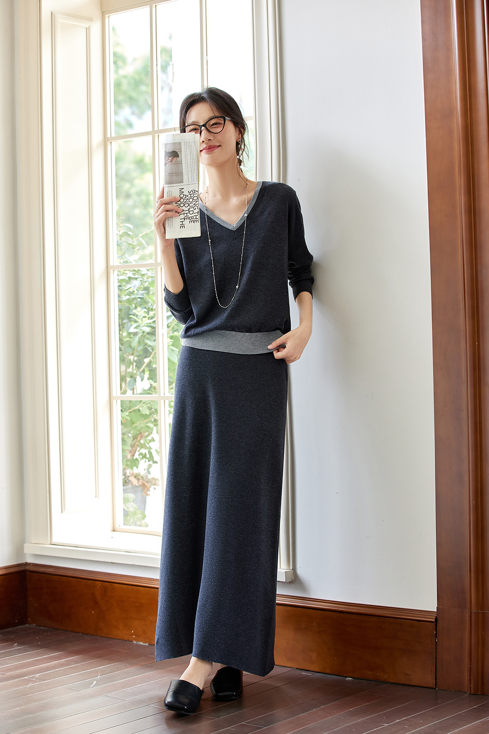 Lazy Chic V-Neck Knit Top & A-Line Skirt Set-VIMLYSTORE