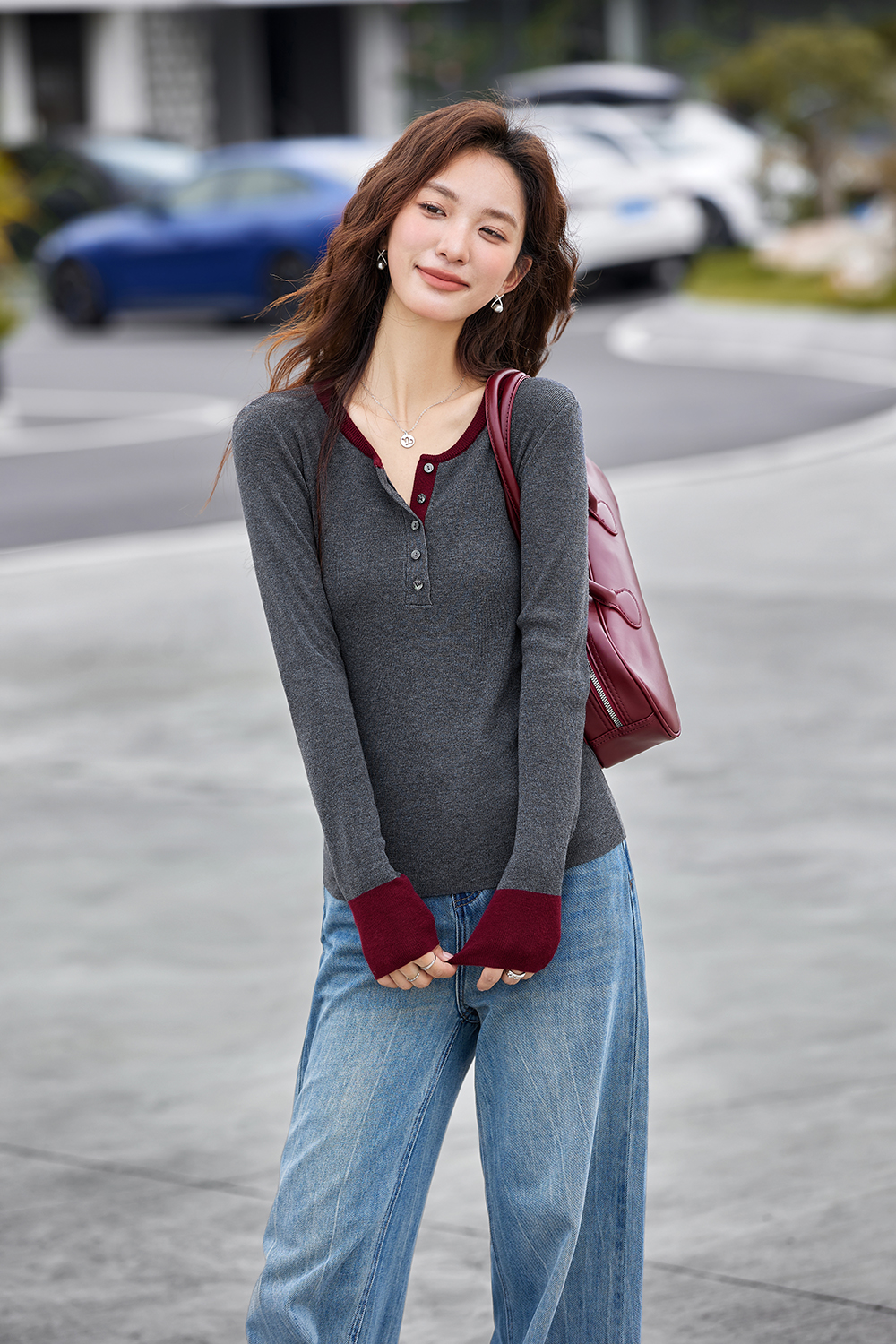 Contrast Trim Crewneck Slim-Fit Knit Tee-VIMLYSTORE