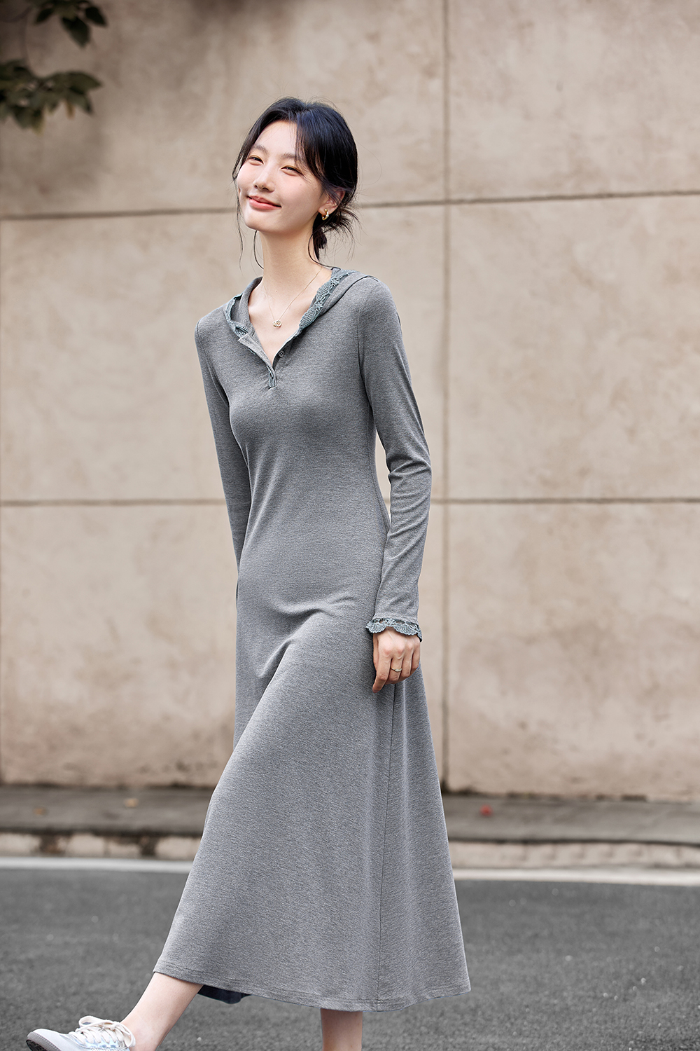 Lace-Trimmed Hooded Fit-and-Flare Dress-VIMLYSTORE
