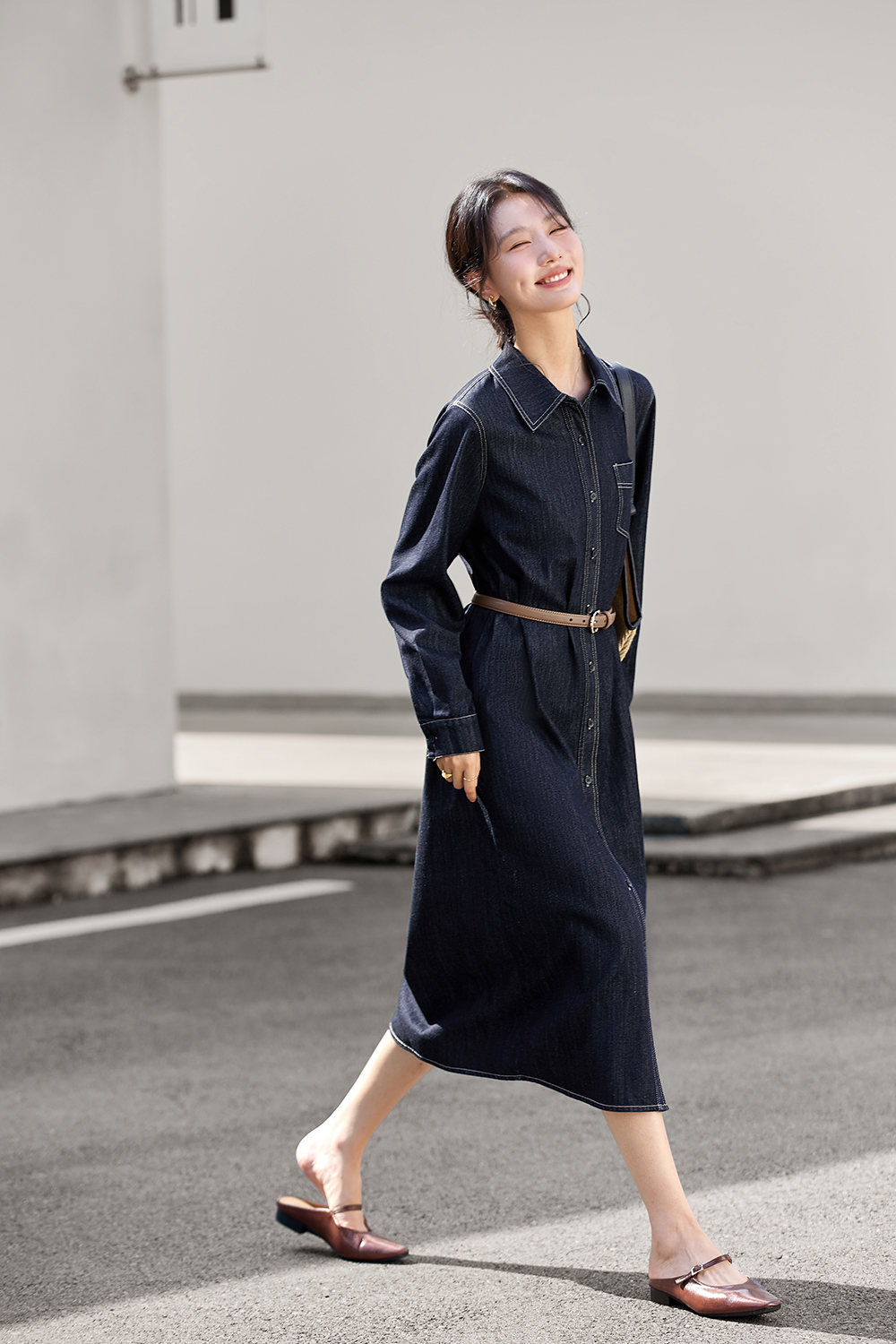 Denim Shirt Dress with Contrast Topstitching-VIMLYSTORE