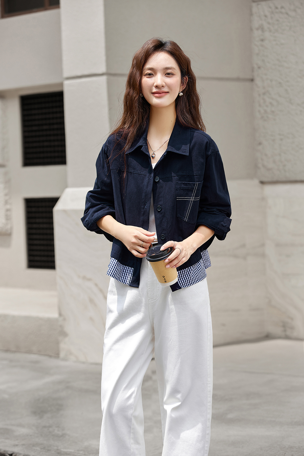 Navy & Stripe Faux Two-Layer Fashion Shirt-VIMLYSTORE