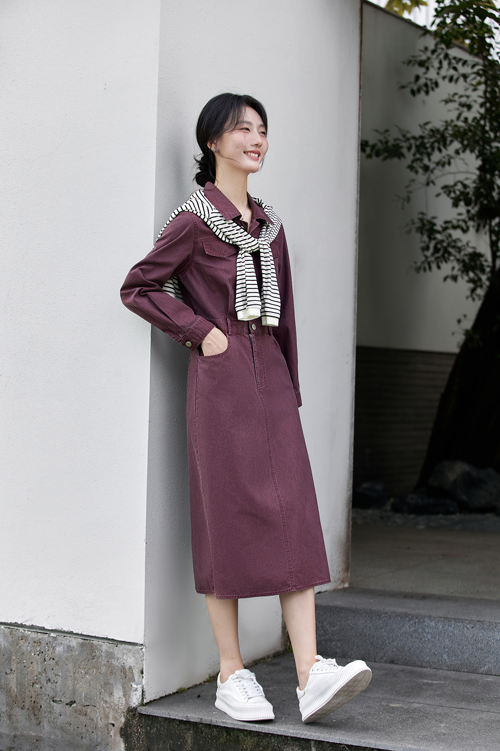 Utility-Chic Cotton Shirtdress with Belted Waist-VIMLYSTORE