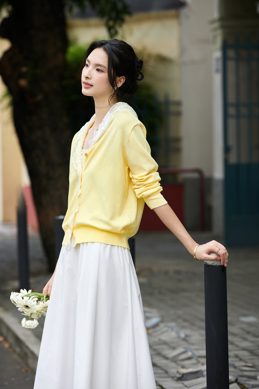 Yellow lace hooded knitted cardigan sweater coat-VIMLYSTORE