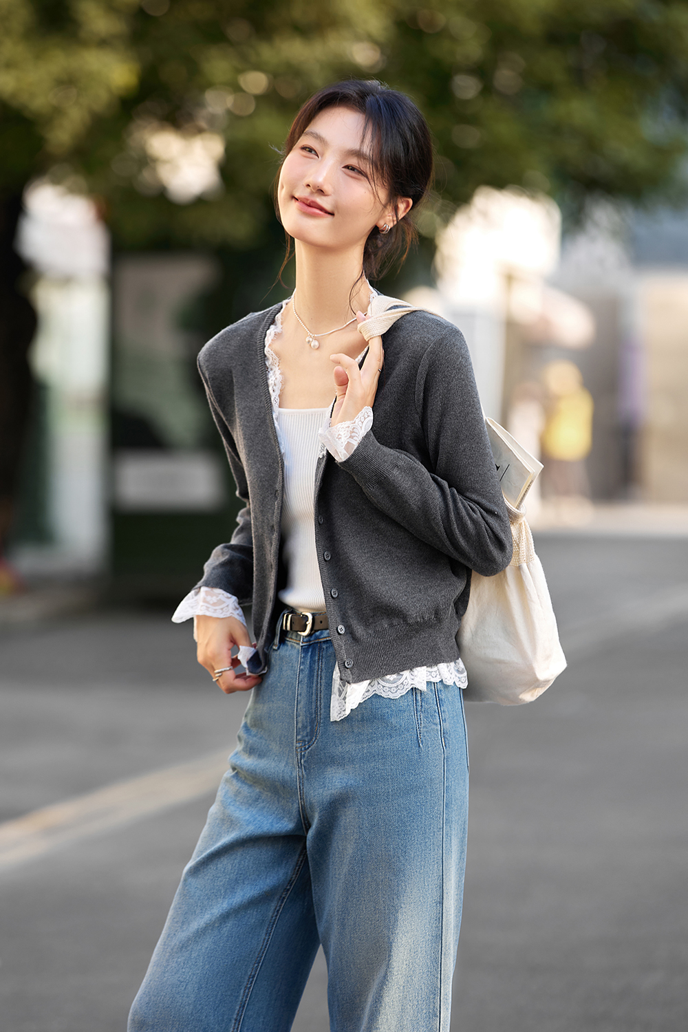 Lace-Paneled V-Neck Cardigan Wrap-VIMLYSTORE