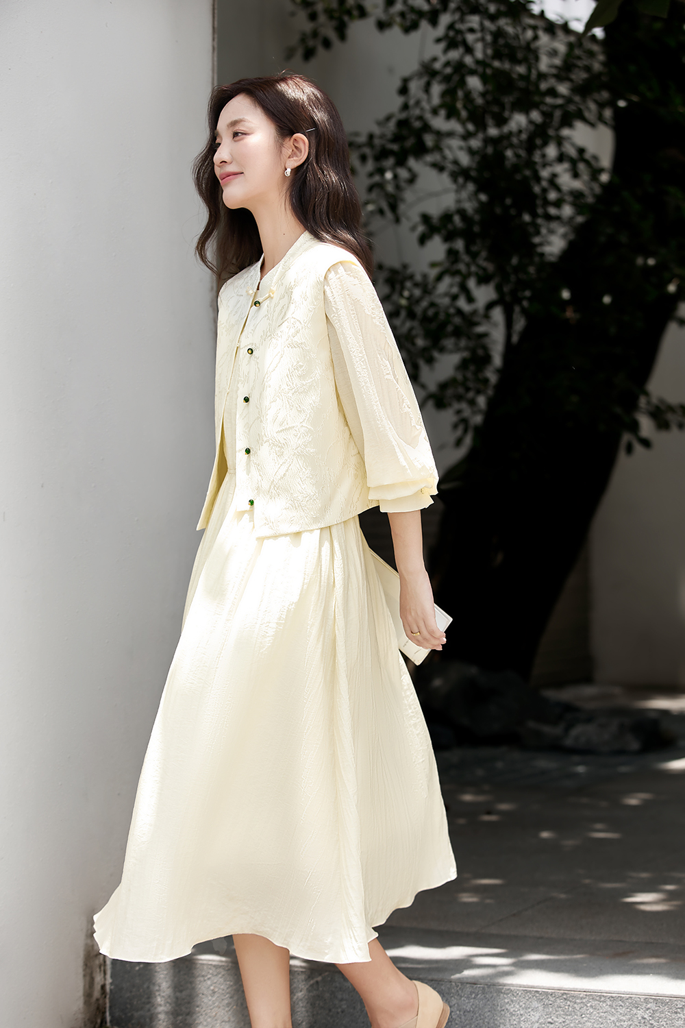 New Chinese Style Elegant Jacquard Vest and Round Neck Long Dress Two-Piece Set-VIMLYSTORE