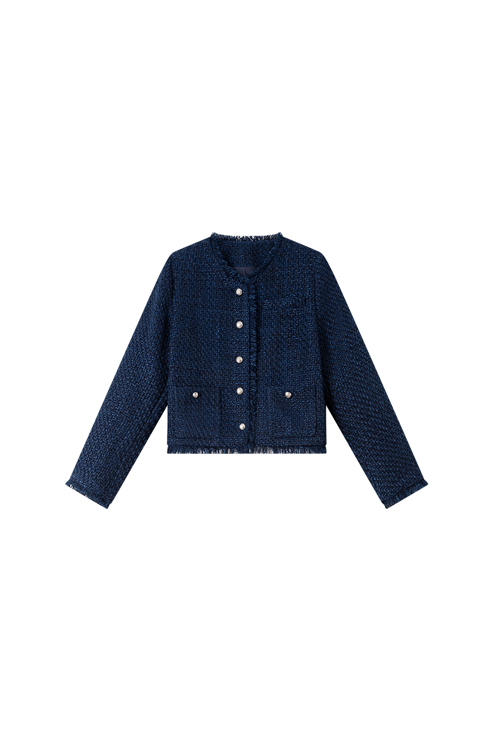 Navy Short Raw Edge Design Round Neck CN style Jacket-VIMLYSTORE
