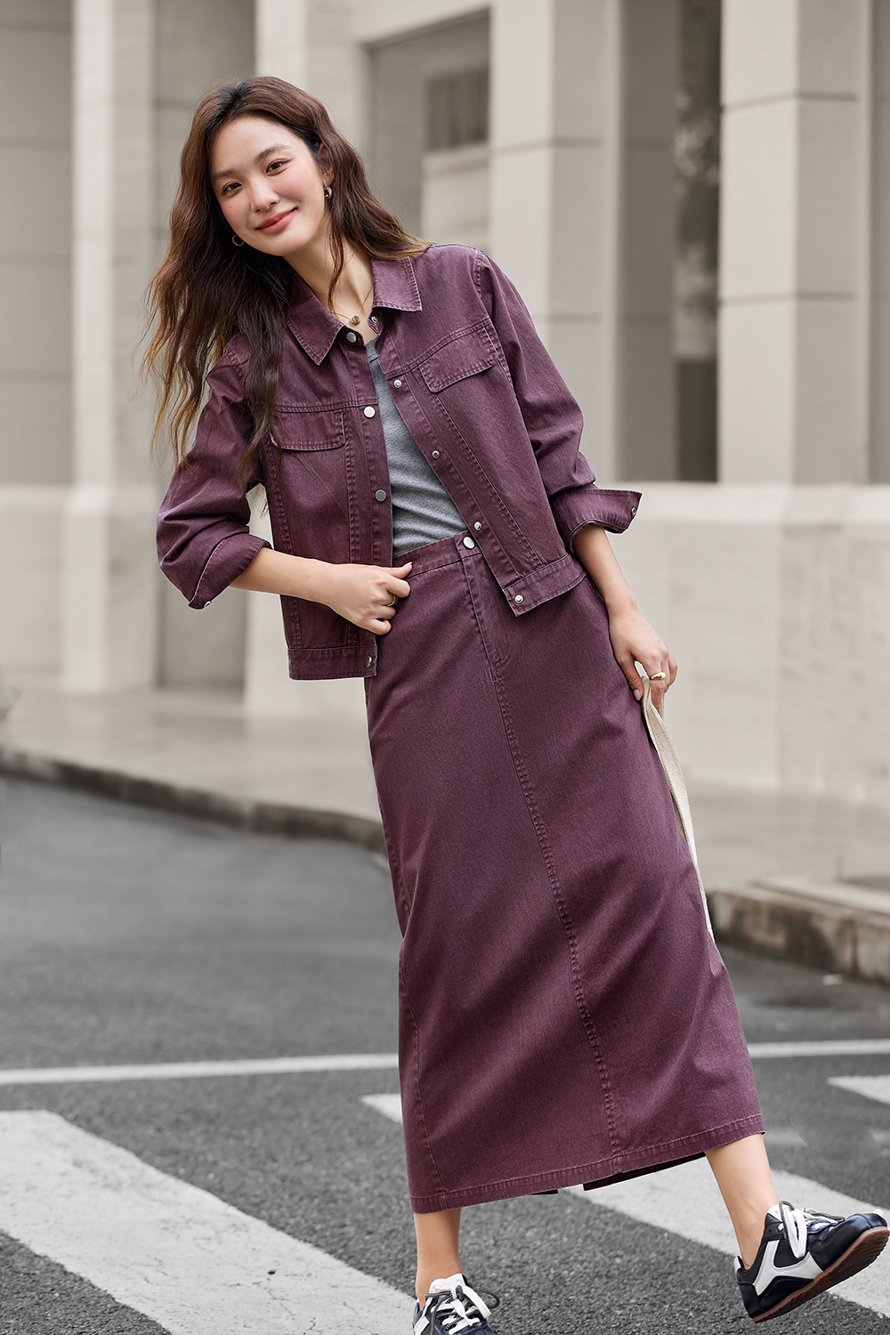 Purple Lapel Short Jacket and Skirt Denim Set-VIMLYSTORE
