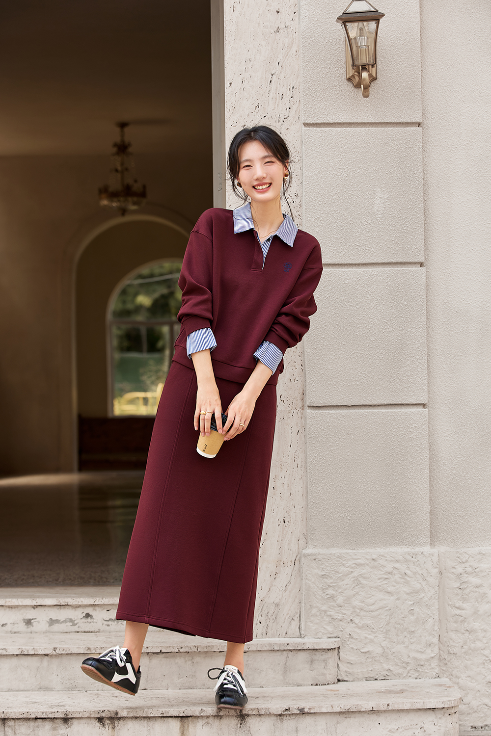 Preppy Style Lapel Color-Block Top with Slit Long Skirt Two-Piece Set-VIMLYSTORE