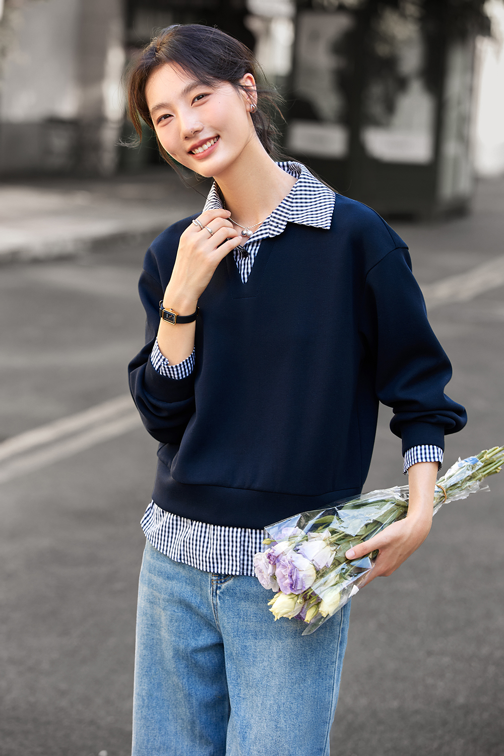 Design-Forward Slimming Preppy Style Lapel Fake Two-Piece Sweatshirt-VIMLYSTORE