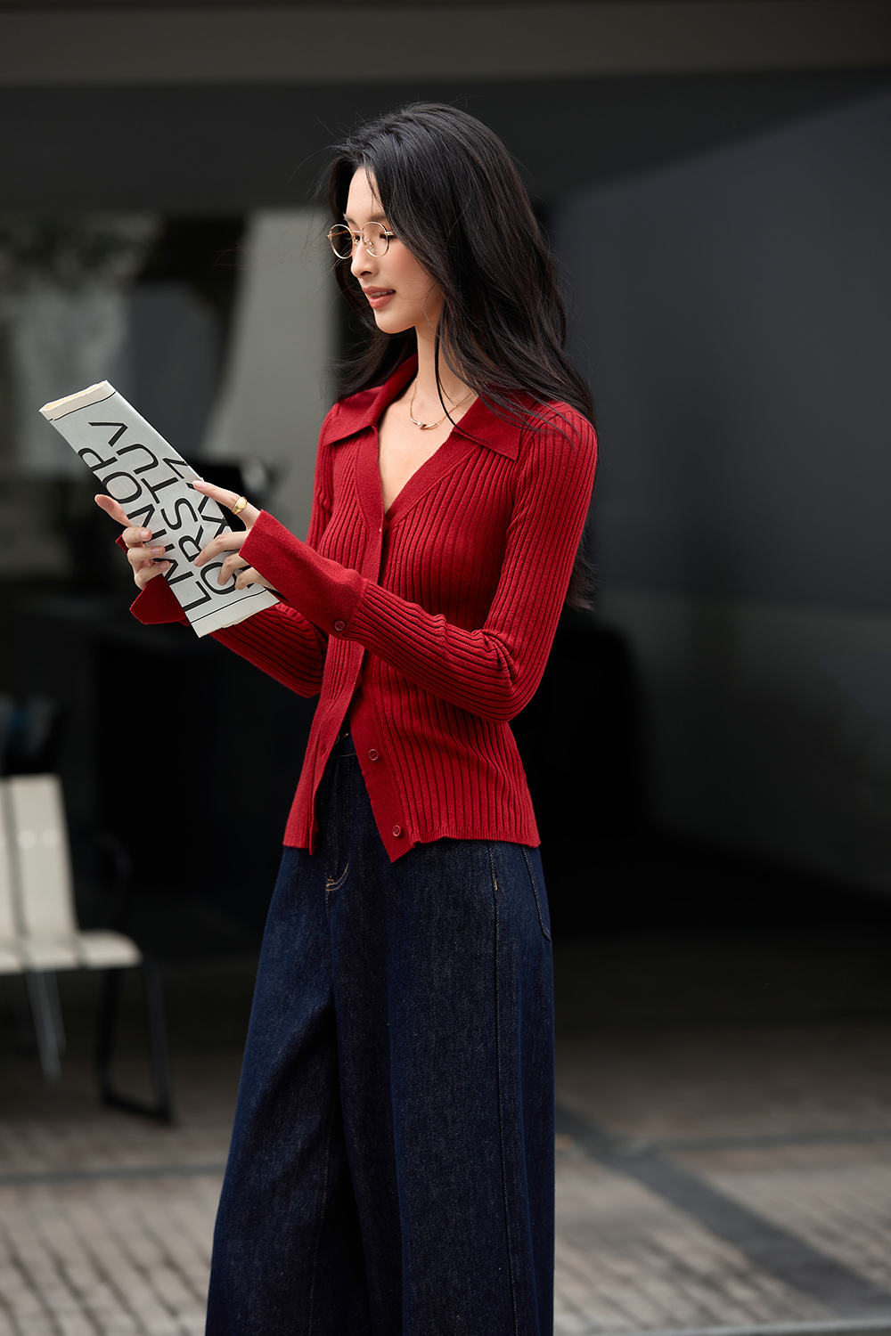 Minimalist Slimming Fitted Ribbed Fold-Over V-Neck Knit Cardigan-VIMLYSTORE