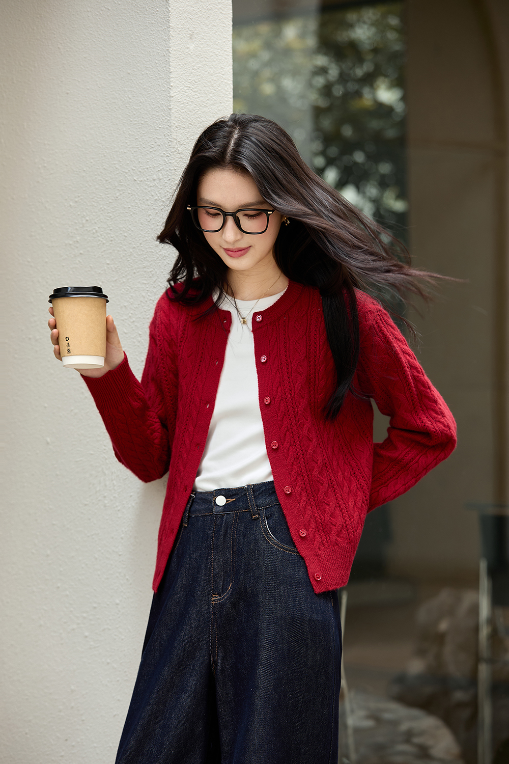 Red Cable-Knit Loose Wool Blend Round Neck Knit Sweater-VIMLYSTORE