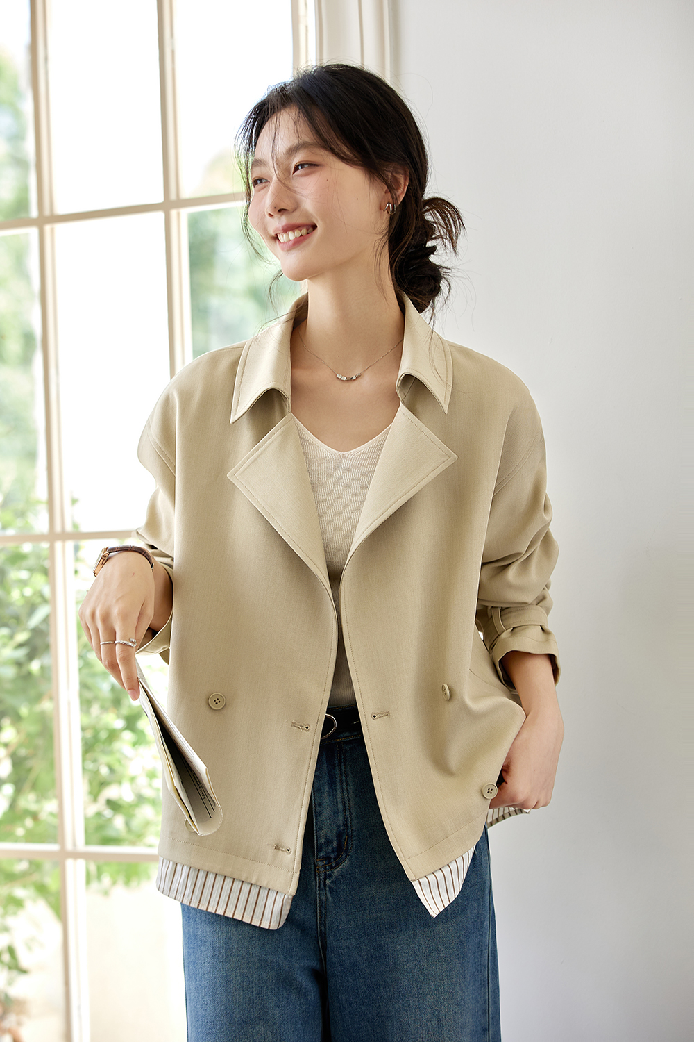 Khaki lapel trench coat-VIMLYSTORE