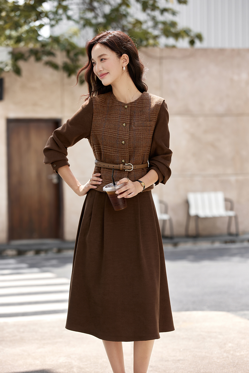 Brown Elegant Round Neck Vest with Long Dress Set-VIMLYSTORE