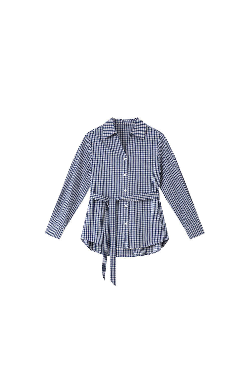 Lapel Tie-Waist Slimming Pure Cotton Long Sleeve Plaid Shirt-VIMLYSTORE