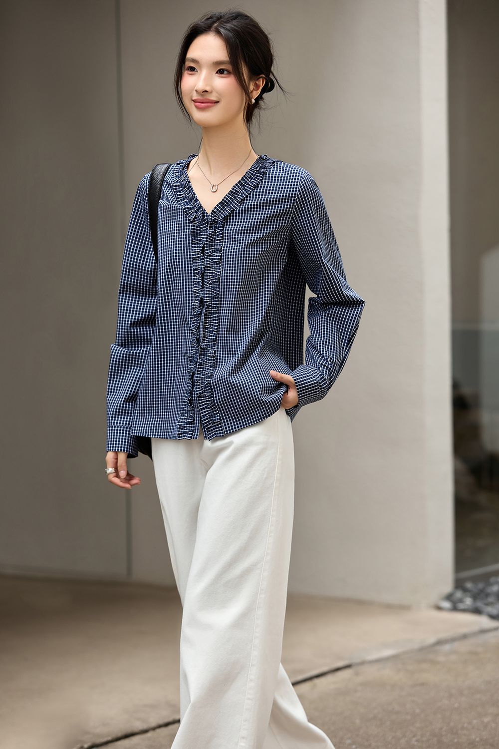 Navy Blue Ruffled Collar Pure Cotton Lapel Long Sleeve Plaid Shirt-VIMLYSTORE