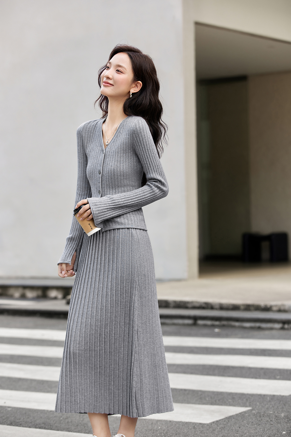Fitted V-Neck Top & Pencil Skirt Knit Set-VIMLYSTORE