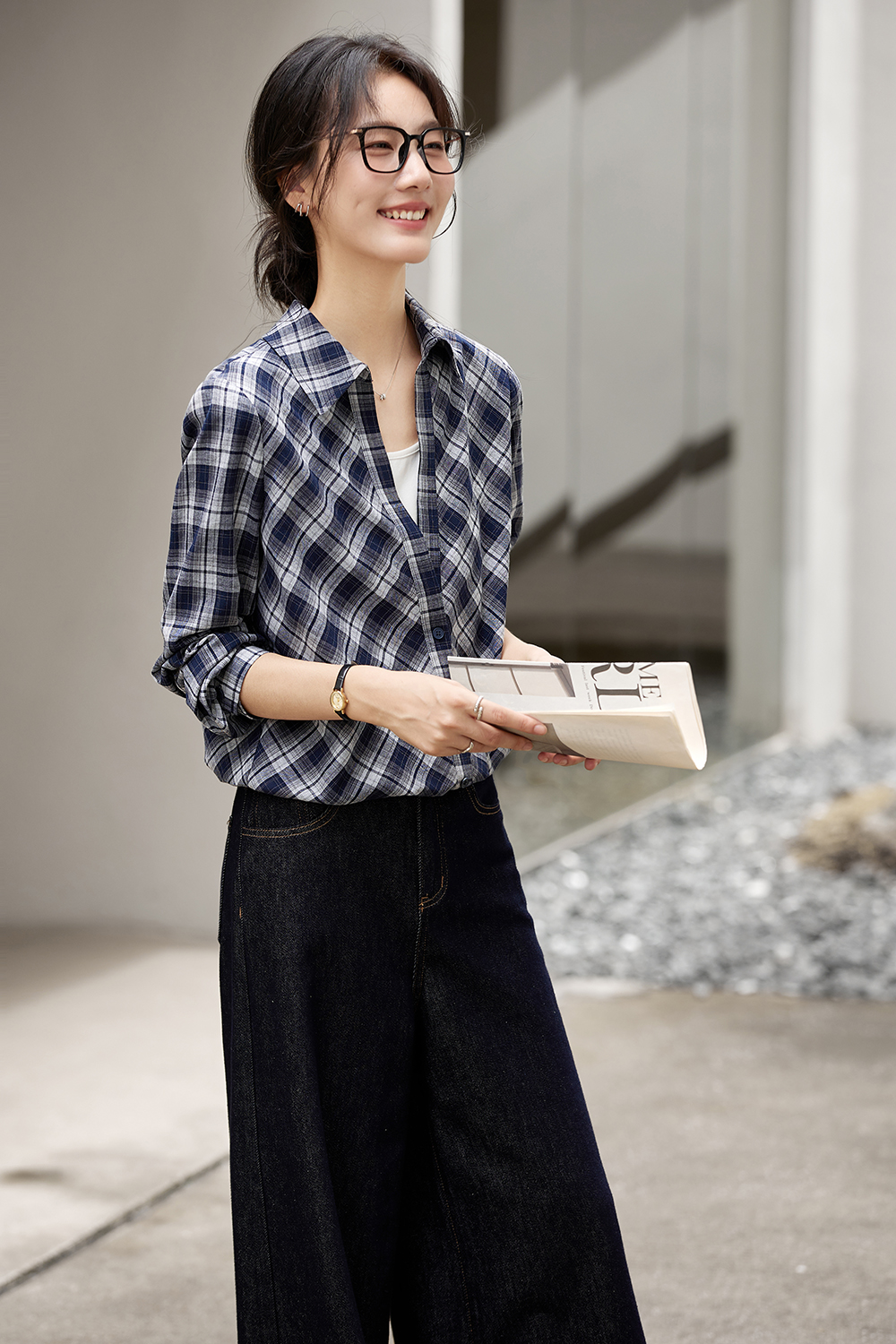 Faux Two-Tone Gingham Shirt in Dusty Blue-VIMLYSTORE