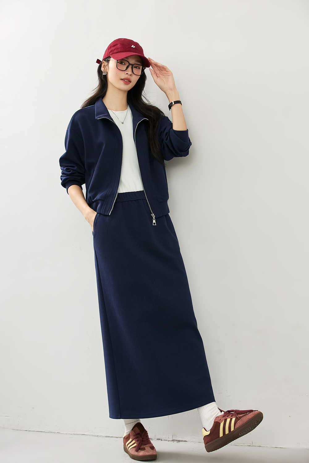 Navy blue cardigan sweater coat and skirt-VIMLYSTORE