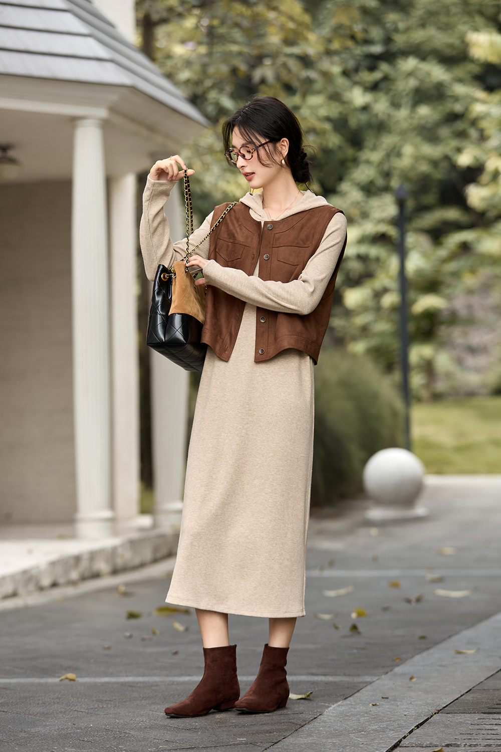 Retro Vest-style Hooded Dress Set-VIMLYSTORE